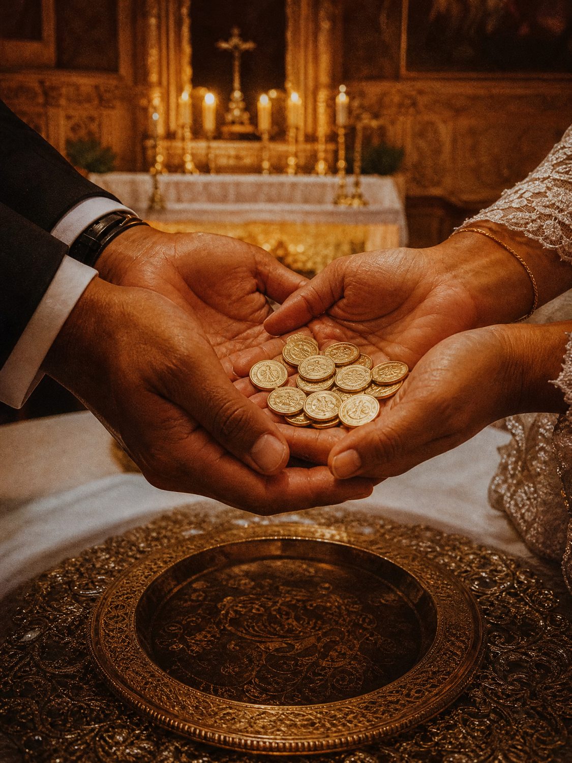 Close-up of gold arras coins exchanged on the wedding day