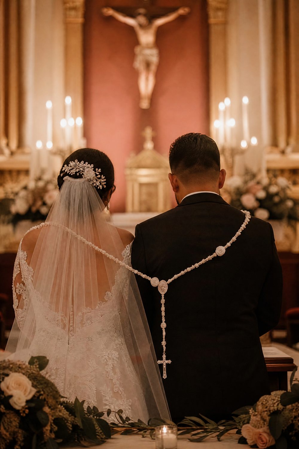 The lazo draped around a couple at the altar in candlelight