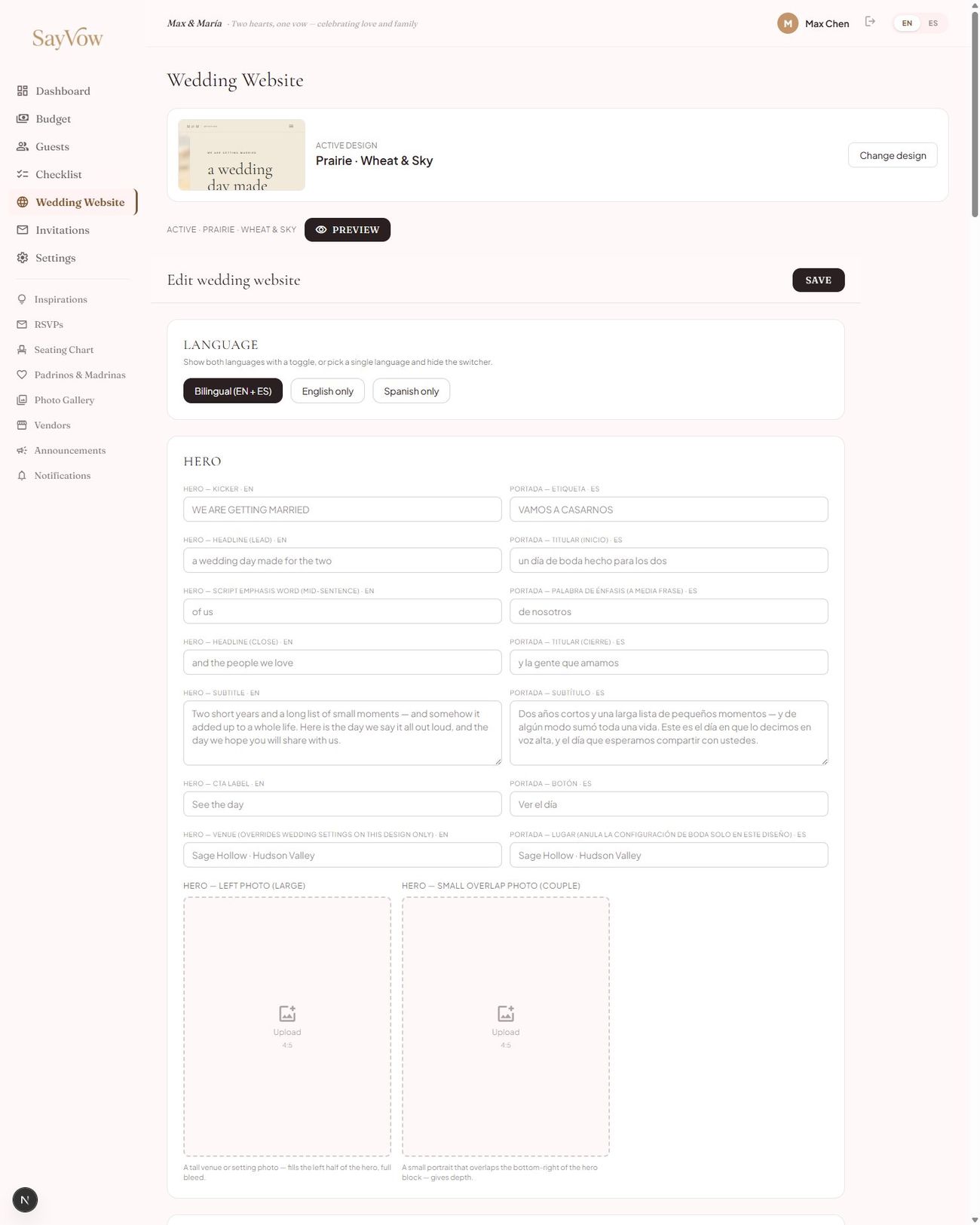 SayVow bilingual wedding website editor with English and Spanish fields side by side