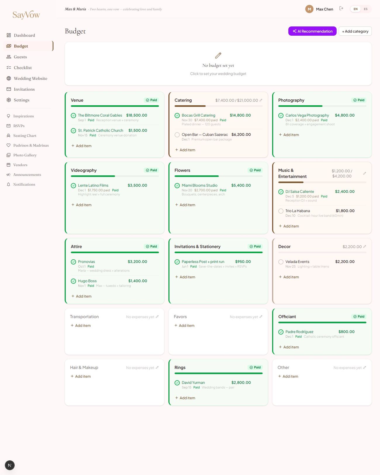 SayVow budget with AI Recommendation across real wedding categories