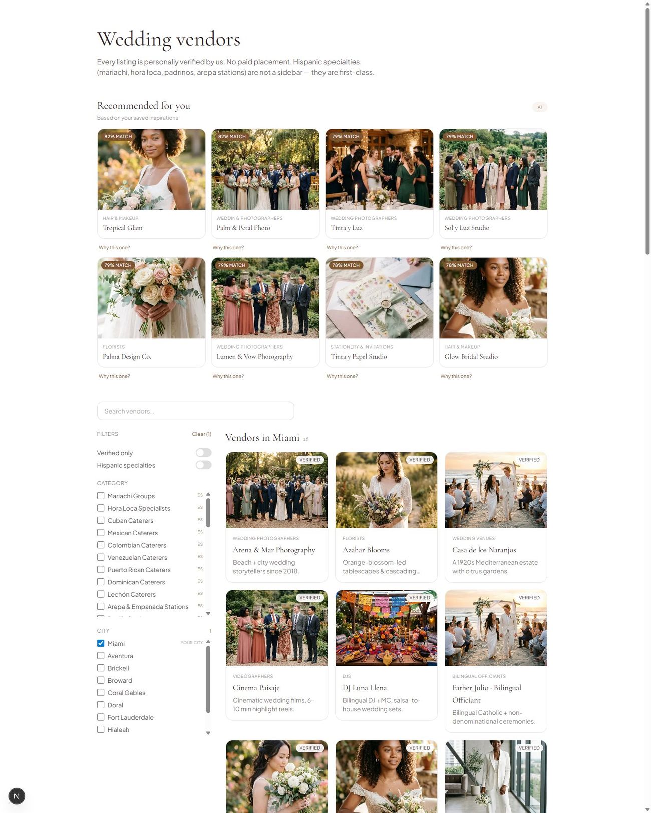 SayVow verified Latino wedding vendor directory with photo cards