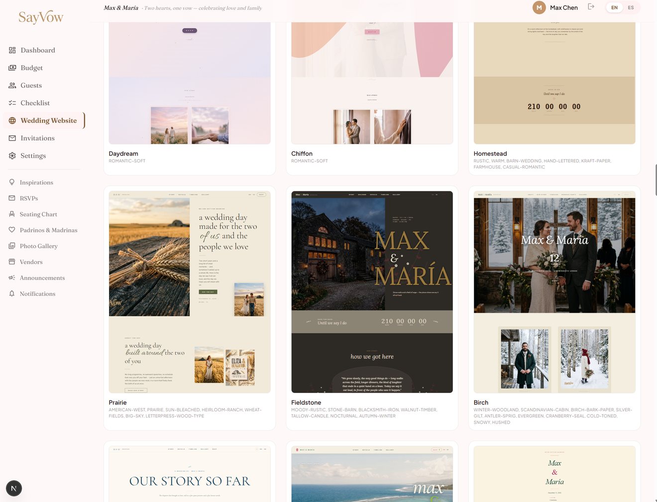 SayVow wedding website design gallery — dozens of bilingual designs